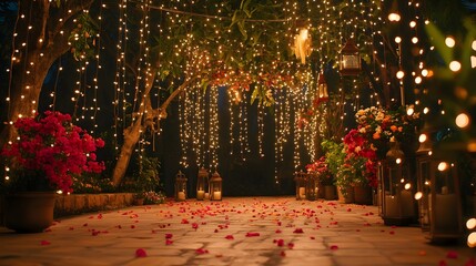 . A beautiful outdoor setting adorned with lights and flowers for Diwali celebrations captured in a surreal moment