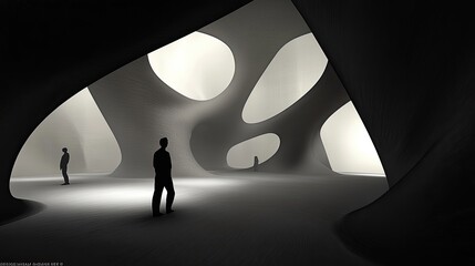 Abstract architectural interior.  Silhouettes of people within a flowing, organic space