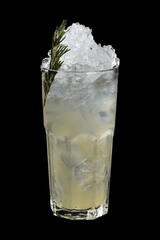 drinks tropical citrus fruits over ice, with sprigs of herbs, grants space for text in blurred background