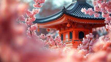 Springtime blossoms frame an Asian pagoda.