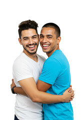Two happy young adult men, possibly a gay couple, smiling broadly and embracing affectionately in a studio portrait with a plain transparent background.