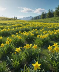 Fototapeta premium Lush green grass dotted with cheerful yellow daffodils, cloudless blue sky , image, color, bright