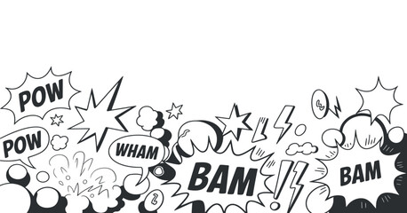 Black and White Comic Book Style Speech Bubbles and Sound Effects Border