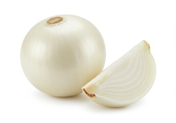 Fototapeta premium A whole white onion and a slice of onion are displayed on a white background