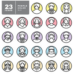 Round avatar profile picture of a human man and woman vector set background colorful cartoon line minimal theme