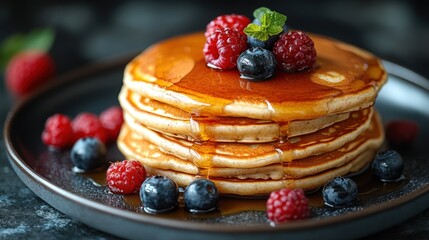 Delicious stack of pancakes topped with fresh berries and syrup.