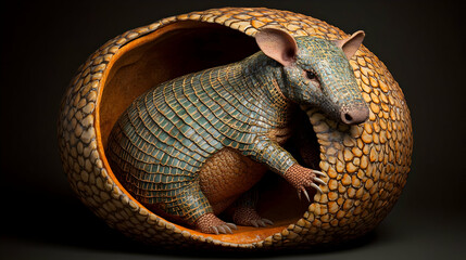 Obraz premium Armadillo nestled within its protective shell. Detailed sculpting of the creature's armored exterior and the hollowed-out, organic shell it inhabits