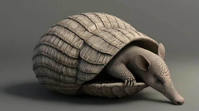 Armadillo nestled in its protective shell.  Detailed rendering of the creature's  scaly armor