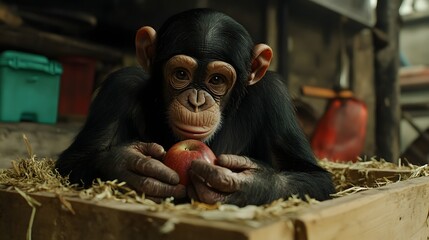 A dreamy scene of . a chimpanzee interacting curiously with objects in its habitat, showcasing intelligence