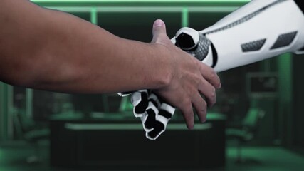 A human hand reaches toward a robotic hand in a digital environment, showcasing advanced technology and sustainability concepts through a virtual globe and eco-friendly symbols. Auvana - Powered by Adobe
