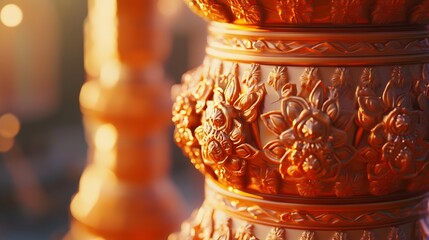 . A close-up shot of intricate details on a saffron tower, showcasing craftsmanship and artistry with a whimsical twist