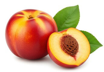A whole nectarine and a halved nectarine with a pit and green leaves on a white background