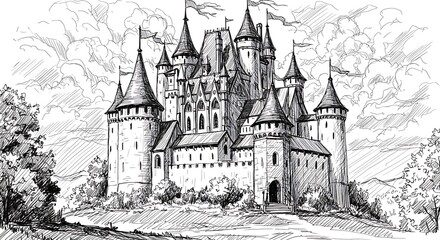 Obraz premium Drawing of Medieval Castle with Towers and Flags