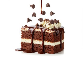 A slice of chocolate layer cake with cream filling and chocolate chips falling down