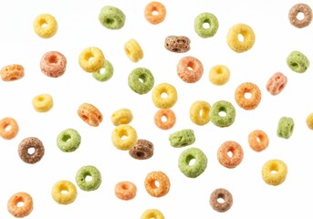 Scattered colorful cereal loops on a white background, a delicious and sweet breakfast snack