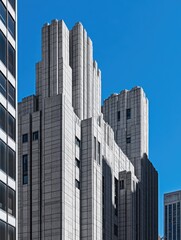 Modernist skyscraper facade against a clear blue sky