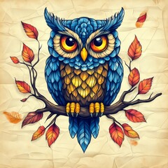 Naklejka premium This watercolor artwork features a majestic owl situated in a serene forest setting