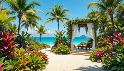 Fototapeta premium Tropical beach scene with vibrant flowers and palm trees by the ocean 
