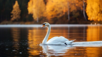 Elegant swan glides on tranquil autumn lake.