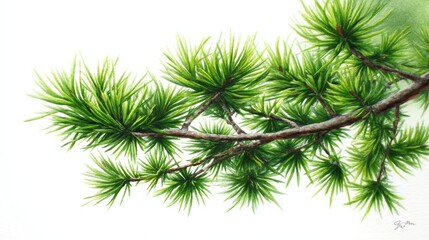Lush Green Pine Branch with Fresh Needles Displaying Nature's Beauty in a Bright and Light Background Perfect for Illustrating Tranquility and Calmness