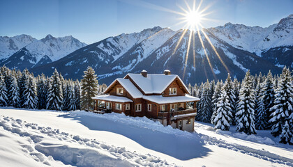 Le chalet isolé dans la montagne enneigée