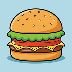 Delicious cartoon burger with lettuce, tomato, cheese, and sesame seed bun illustration