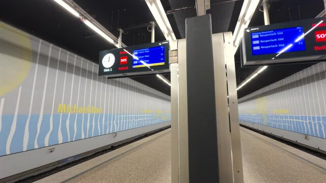 Munich, Germany. Interior of subway station Michaelibad. Das Innere der U-Bahn Station Michaelibad. Bahnhof Michaelibad. U-Bahn Munchen. Neue Gestaltung ab 2022. 