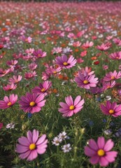 Fototapeta premium A vibrant cosmos field, flowers in full bloom , landscape, white