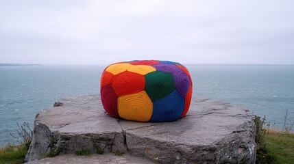 Obraz premium Multicolored yarn cube art installation on coastal rock overlooking ocean, overcast sky. Bright, cheerful colors contrast with gray sky and sea. Daytime outdoor shot.