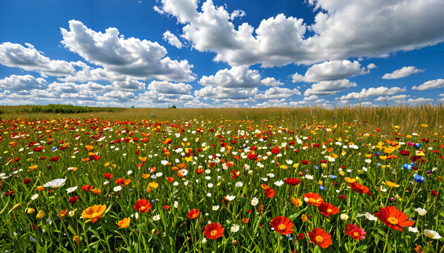 Le champ de fleurs multicolores sous un ciel bleu