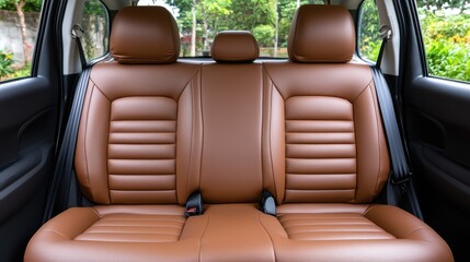 Brown leather car seats with textured pattern, viewed from the back. The seats are clean and well maintained, suggesting luxury and comfort. The background is blurred, showing a hint of greenery.