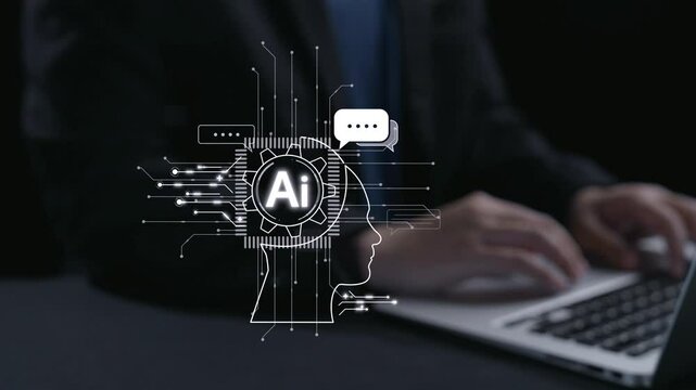 Human interact with AI artificial intelligence brain processor in concept of AI artificial intelligence engineering, big data and AI machine learning to use generative AI for business support. UUID