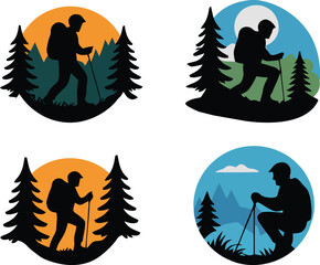Collection of adventure outdoor hiking silhouette illustrations with trees and mountain views