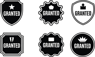 Collection of bold granted badges in black and white displaying different shapes and designs