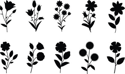 Collection of elegant black floral silhouettes perfect for decorative design and aesthetic backgrounds