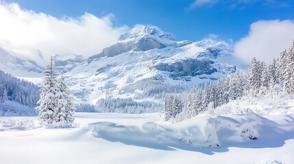 Fototapeta premium Tranquil Winter SnowCovered Mountain, Forest, Frozen Lake, Under Clear Blue Sky