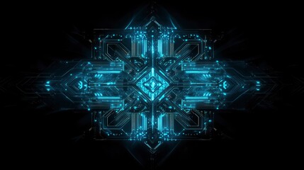 Cybernetic Mandala: Glowing Blue Circuits in Dark Abstract Art