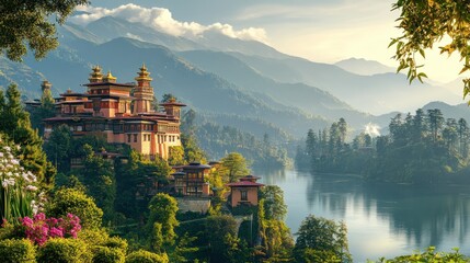 Fototapeta premium Majestic monastery nestled in a valley, serene lake, and misty mountains