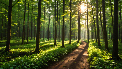 Obraz premium Le soleil matinal qui éclaire la forêt.