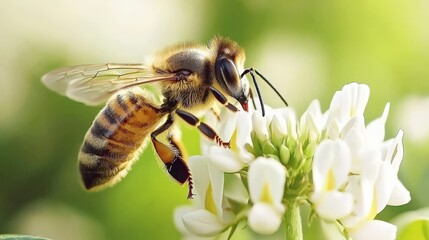 Honeybee Landing on White Clover Flower with Slight Motion Blur