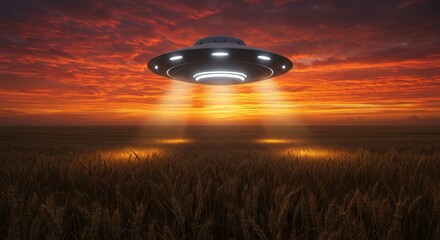 Ufo hovers above a wheat field at sunset with beam of light shining down. Concept of alien visit to earth.