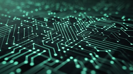 Close-up of a futuristic green circuit board design, showcasing intricate pathways and connections.
