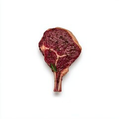 Obraz premium Close up view of a seasoned raw beef steak with bone on a white background. The steak is rich red in color with visible marbling, speckled with herbs and spices. 