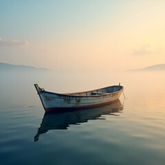Naklejka premium Fishing boat at dawn in calm sea