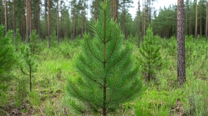 Fototapeta premium A vibrant green sapling stands tall in a lush pine forest, sunlight filtering through the trees. The image exudes tranquility and showcases the beauty of nature's renewal.