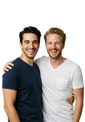 Two happy young adult Caucasian men, one with dark hair and one with reddish-blond hair, smiling and embracing warmly against a plain transparent background.