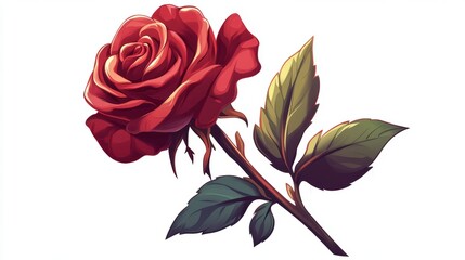 Fototapeta premium Single red rose with stem and leaves isolated on white background.