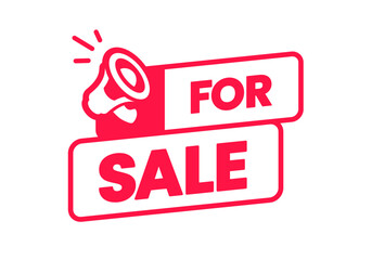 Red Label Or Sticker With Megaphone Icon. For Sale Concept