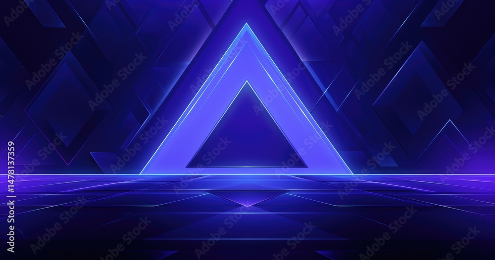 Wall mural blue background with purple triangular shapes, with an empty large dark blue rectangle in the center