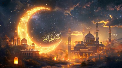 Eid mubarak ramadan kareem: islamic mosque crescent moon image silhouette